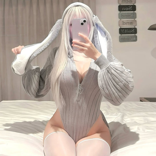 Grey Bunny Ear Hoodie Bodysuit MG06