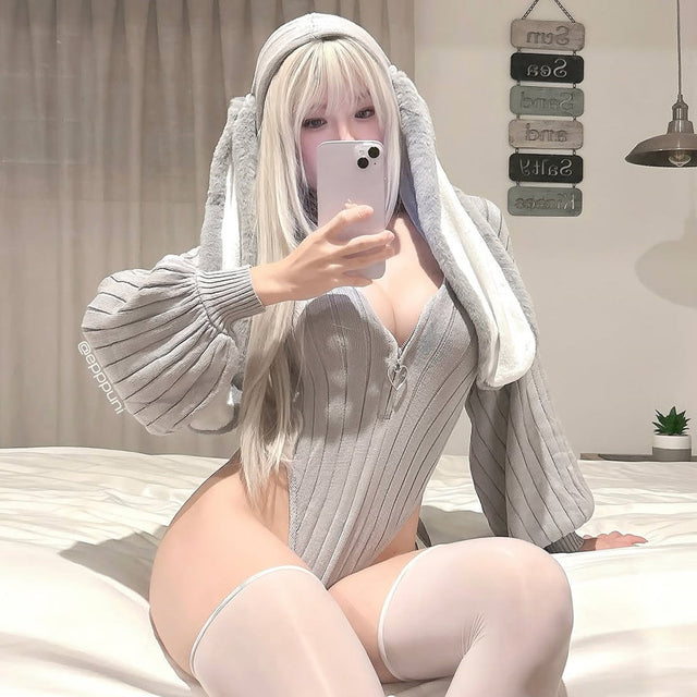 Grey Bunny Ear Hoodie Bodysuit MG06