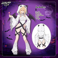 White lace angel cosplay bodysuit with sheer wings for a sexy duo Halloween costume