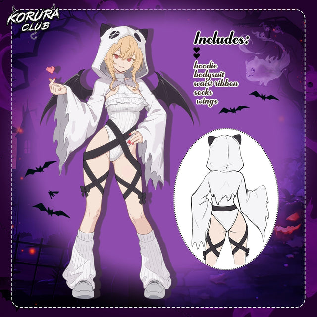 White lace angel cosplay bodysuit with sheer wings for a sexy duo Halloween costume
