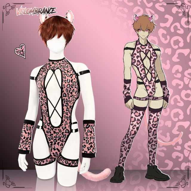 Velombrance Pink Leopard Print Bodysuit (5-Piece Set) AS55