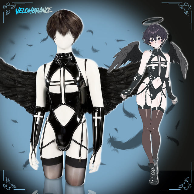 Velombrance Dark Cross Wings Strappy Outfit (4-Piece Set)AS07