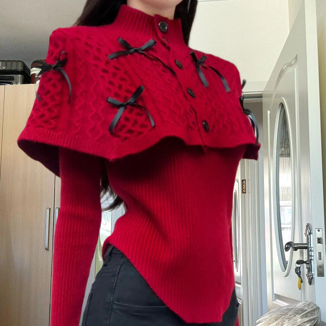 Christmas Bow Cloak Cable Knit Sweater CB05