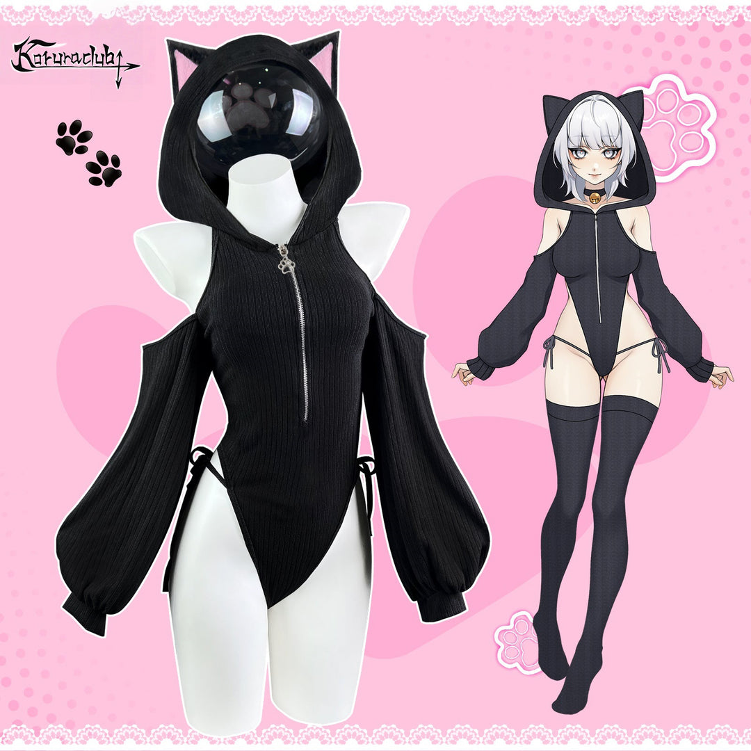 Shy Neko Cold-Shoulder Hoodie Bodysuit SR05 | Ribbed Black Cat Girl Outfit - CosComme Finds