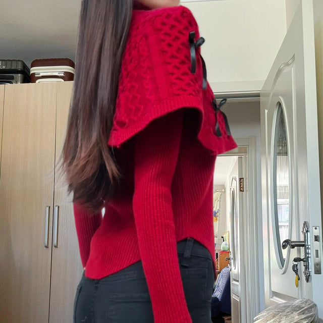 Christmas Bow Cloak Cable Knit Sweater CB05
