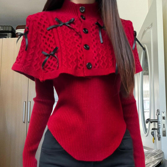 Christmas Bow Cloak Cable Knit Sweater CB05